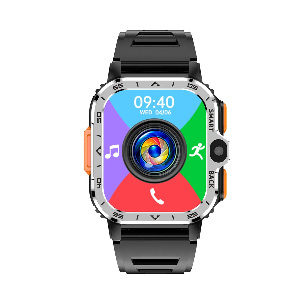 Black or silver Android smart watch with touch screen, shown as a sports bracelet on a wrist.