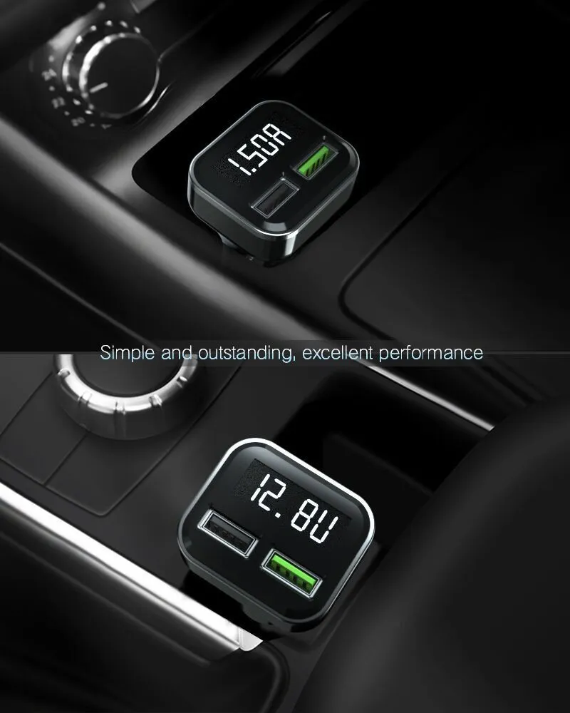 Black dual USB car charger with LCD screen displaying voltage, plugged into a car dashboard socket.