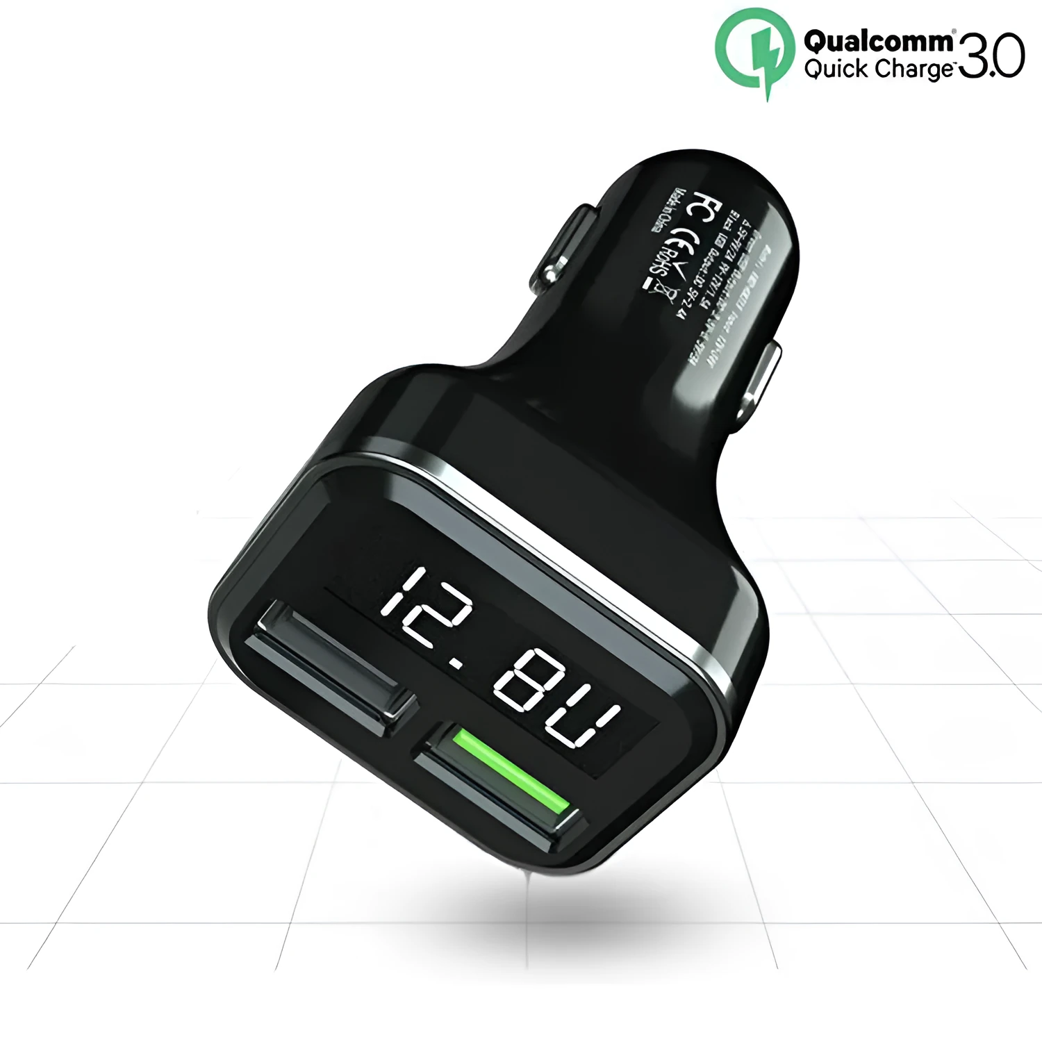 Black dual USB car charger with LCD screen displaying voltage, plugged into a car dashboard socket.