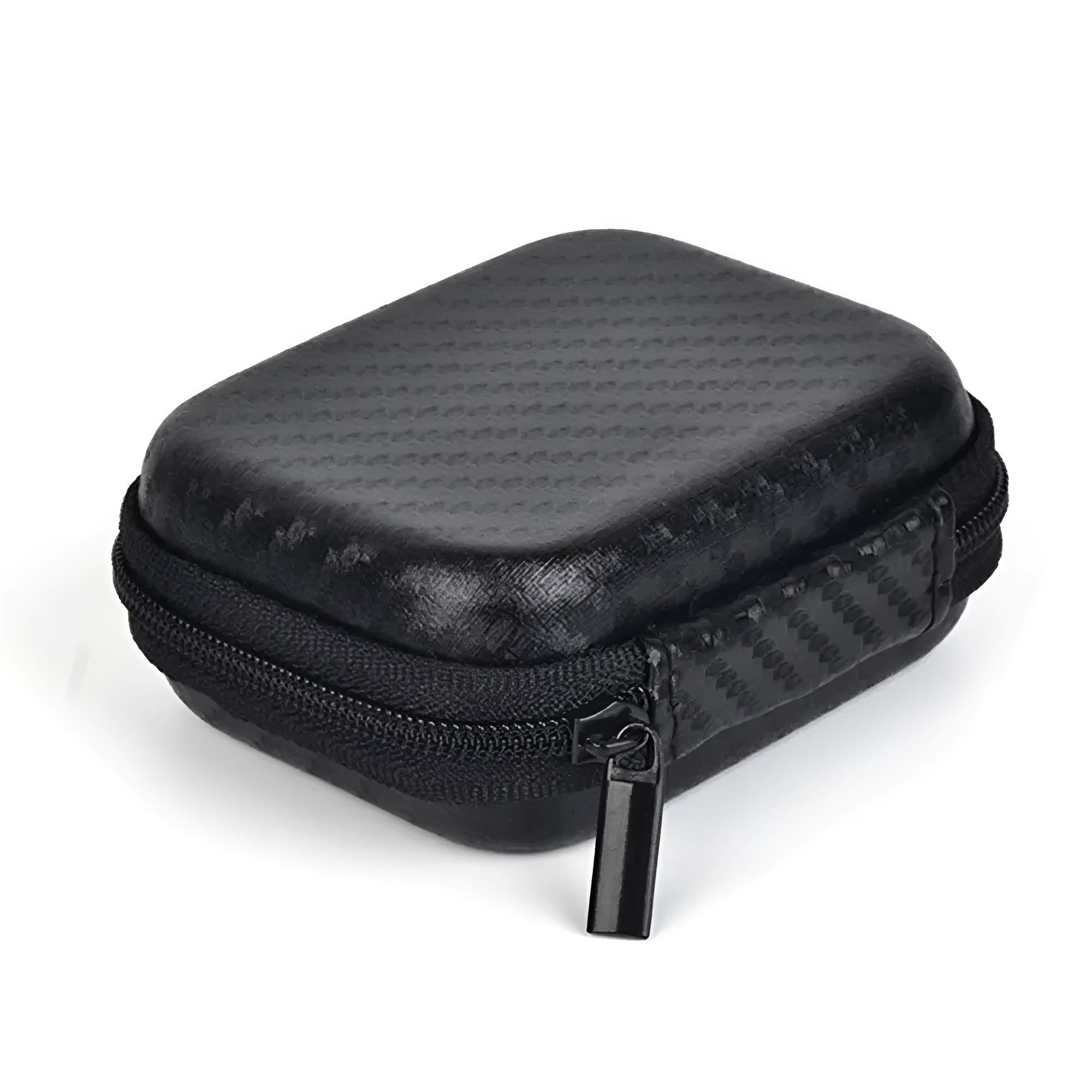 Mini black travel storage case for GoPro and action cameras, compact size 7.5cm x 5.5cm x 2.5cm