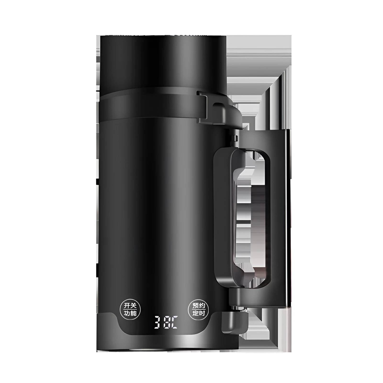 Black portable mini electric travel kettle with water level marking and power cord