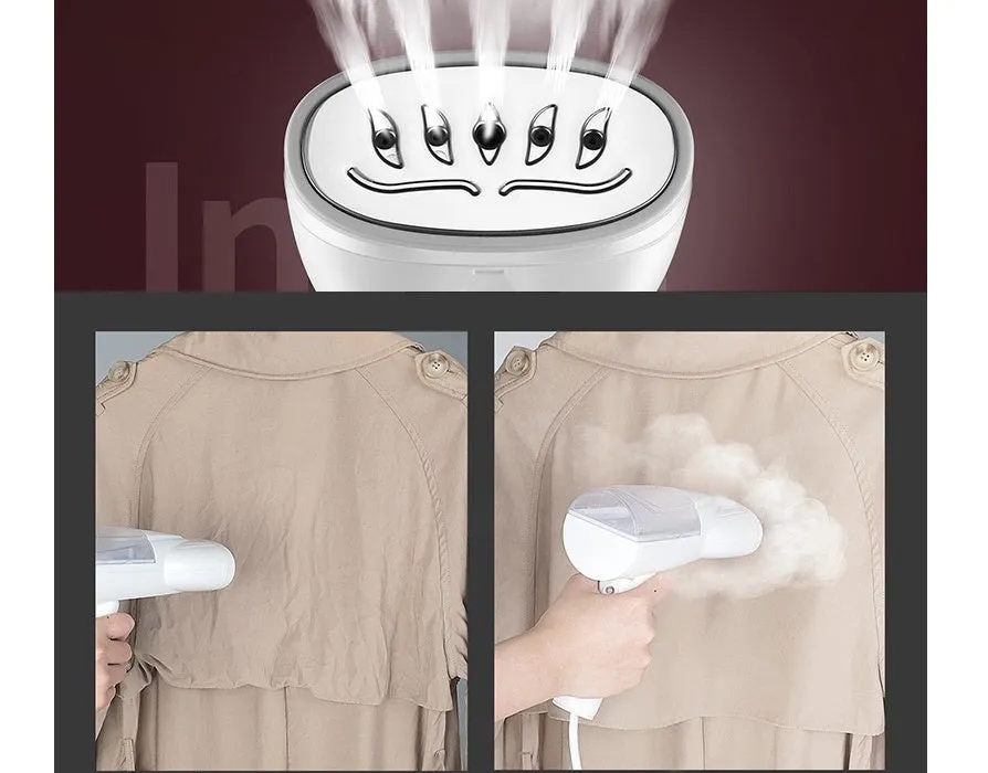 White folding ironing machine with 800W steam function, compact folded size 10cm by 6.2cm by 18cm, includes long hair brush