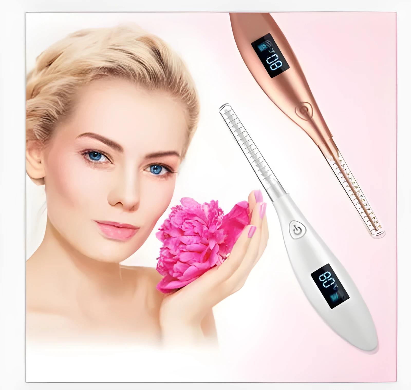 USB electric eyelash curler in black with curved brush head and ceramic coating heating element