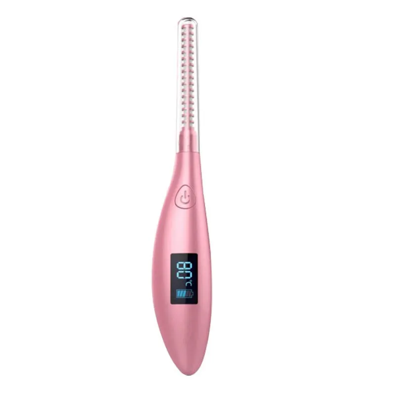 USB electric eyelash curler in black with curved brush head and ceramic coating heating element