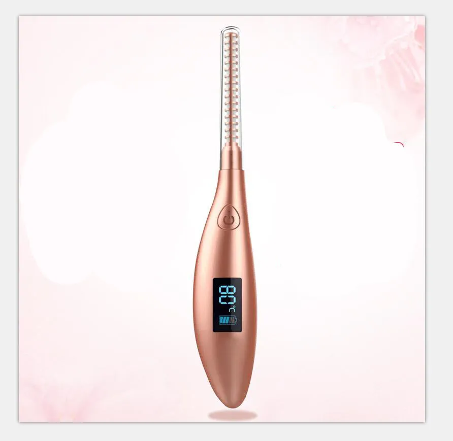 USB electric eyelash curler in black with curved brush head and ceramic coating heating element