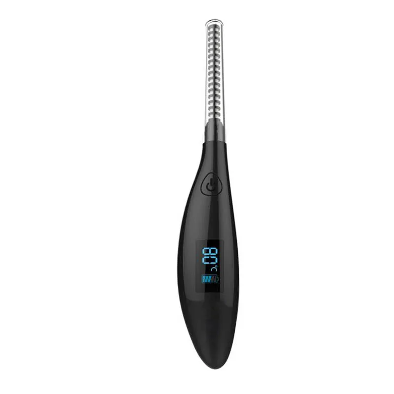 USB electric eyelash curler in black with curved brush head and ceramic coating heating element