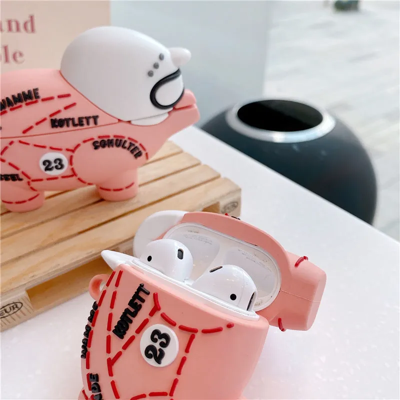 Pink piggy silicone earphone sleeve for AirPods with clamshell design and hook