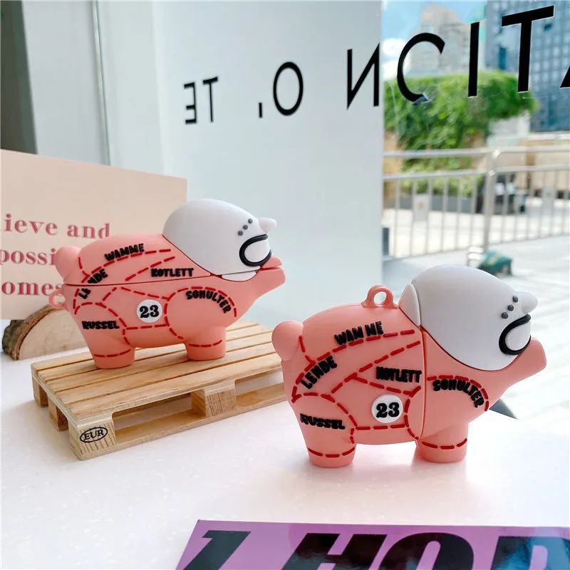 Pink piggy silicone earphone sleeve for AirPods with clamshell design and hook