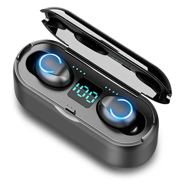 Binaural digital display Bluetooth headset in black with battery indicator