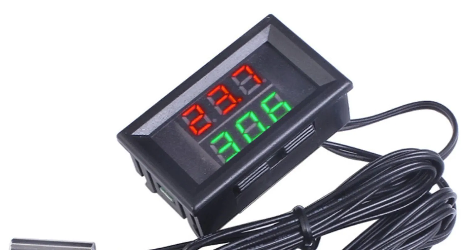 Dual display digital thermometer with red LED readout and waterproof NTC10K temperature probe