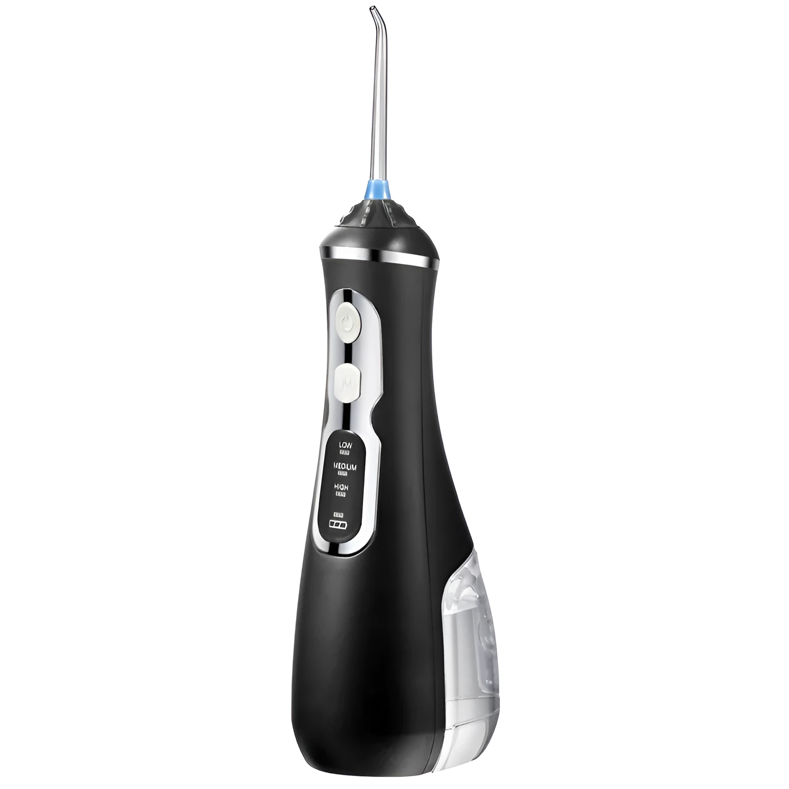 Portable oral irrigator in black, pink, or white with USB cable and two nozzles.