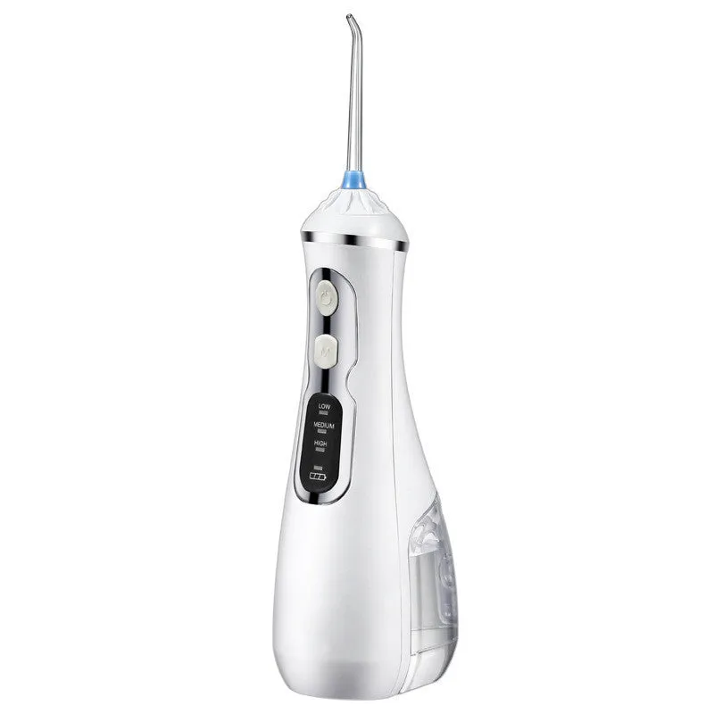 Portable oral irrigator in black, pink, or white with USB cable and two nozzles.