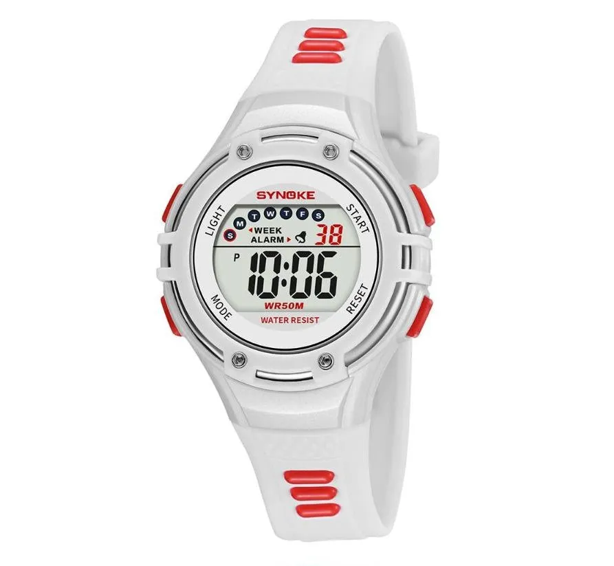 Synoke children's electronic watch in black with luminous display, alarm and 50m water resistance on a child's wrist