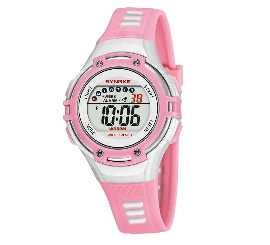 Synoke children's electronic watch in black with luminous display, alarm and 50m water resistance on a child's wrist