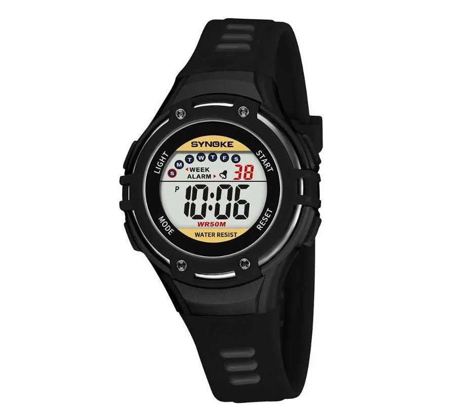 Synoke children's electronic watch in black with luminous display, alarm and 50m water resistance on a child's wrist