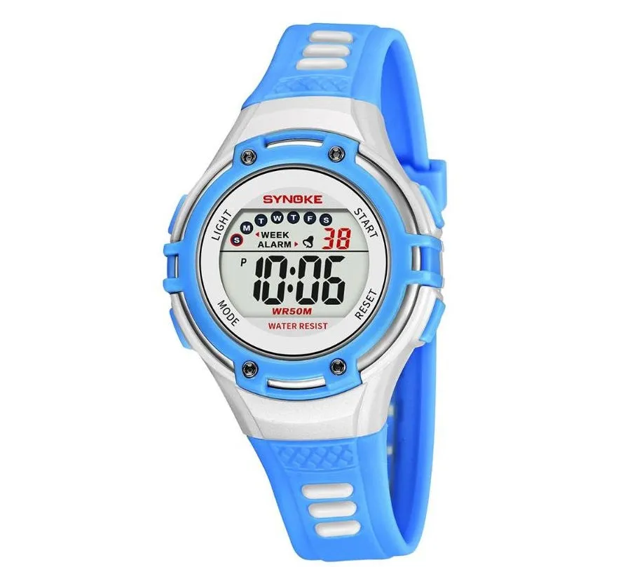 Synoke children's electronic watch in black with luminous display, alarm and 50m water resistance on a child's wrist