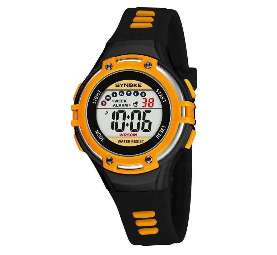Synoke children's electronic watch in black with luminous display, alarm and 50m water resistance on a child's wrist
