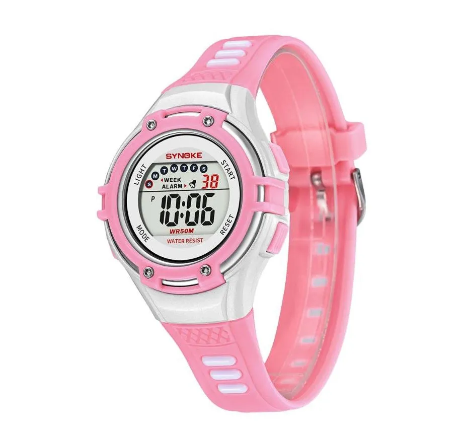 Synoke children's electronic watch in black with luminous display, alarm and 50m water resistance on a child's wrist