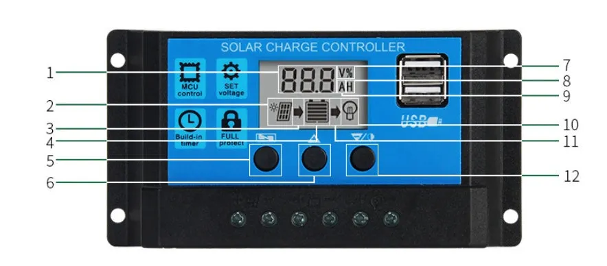 Solar controller with light and time control, dual USB ports, 10A-60A, PVC body