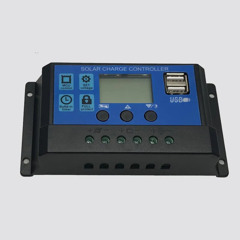 Solar controller with light and time control, dual USB ports, 10A-60A, PVC body