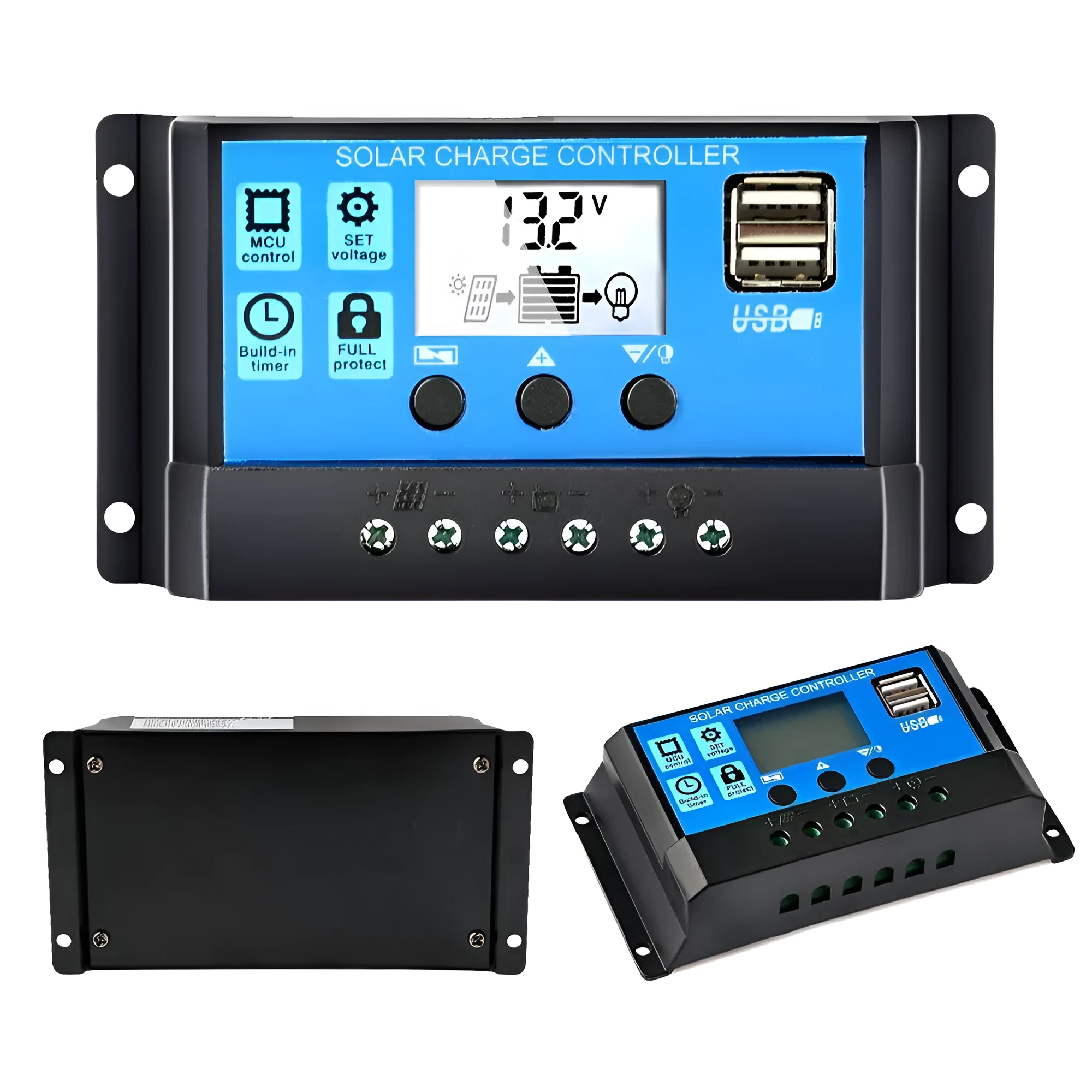 Solar controller with light and time control, dual USB ports, 10A-60A, PVC body