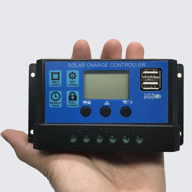 Solar controller with light and time control, dual USB ports, 10A-60A, PVC body