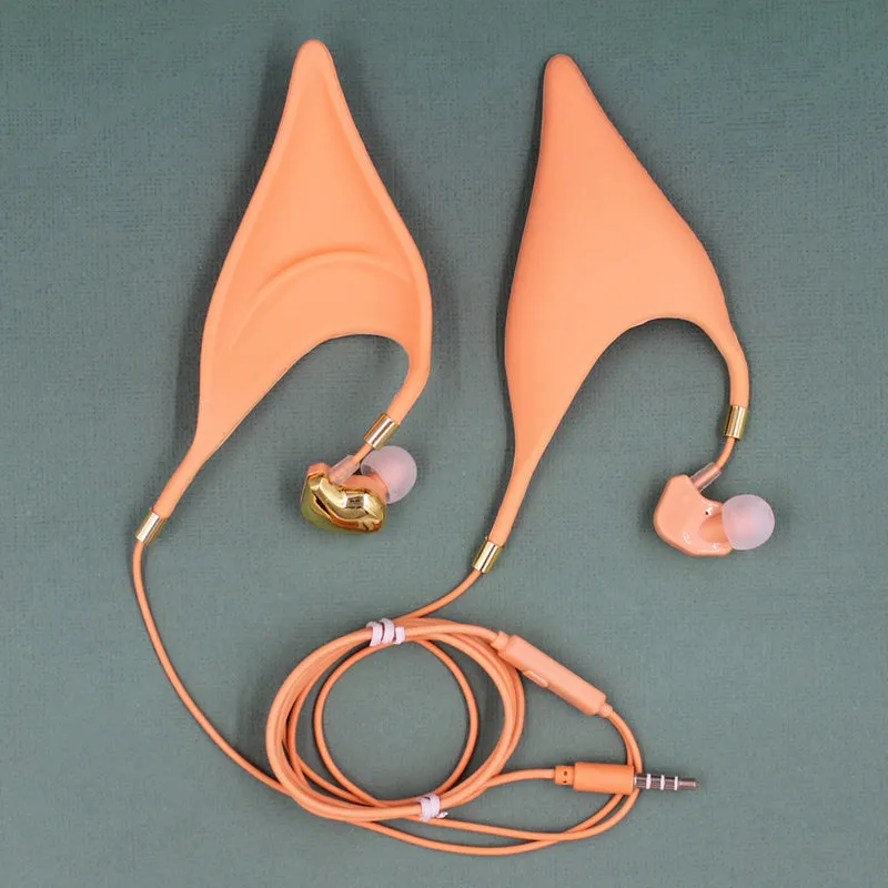Cartoon elf ear headphones with 3.5mm plug and microphone in black, white and yellow colours