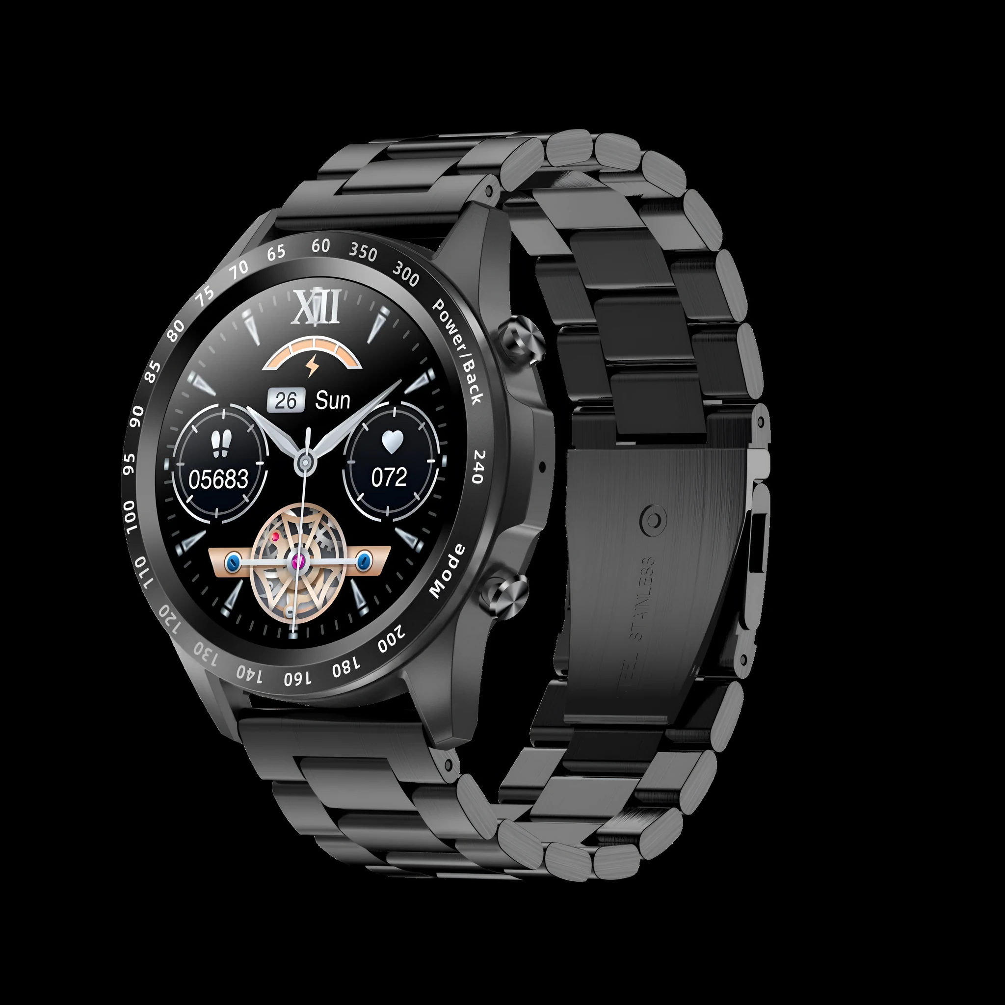 Black Bluetooth smart watch with heart rate monitoring on leather strap showing 1.3 inch touch screen display