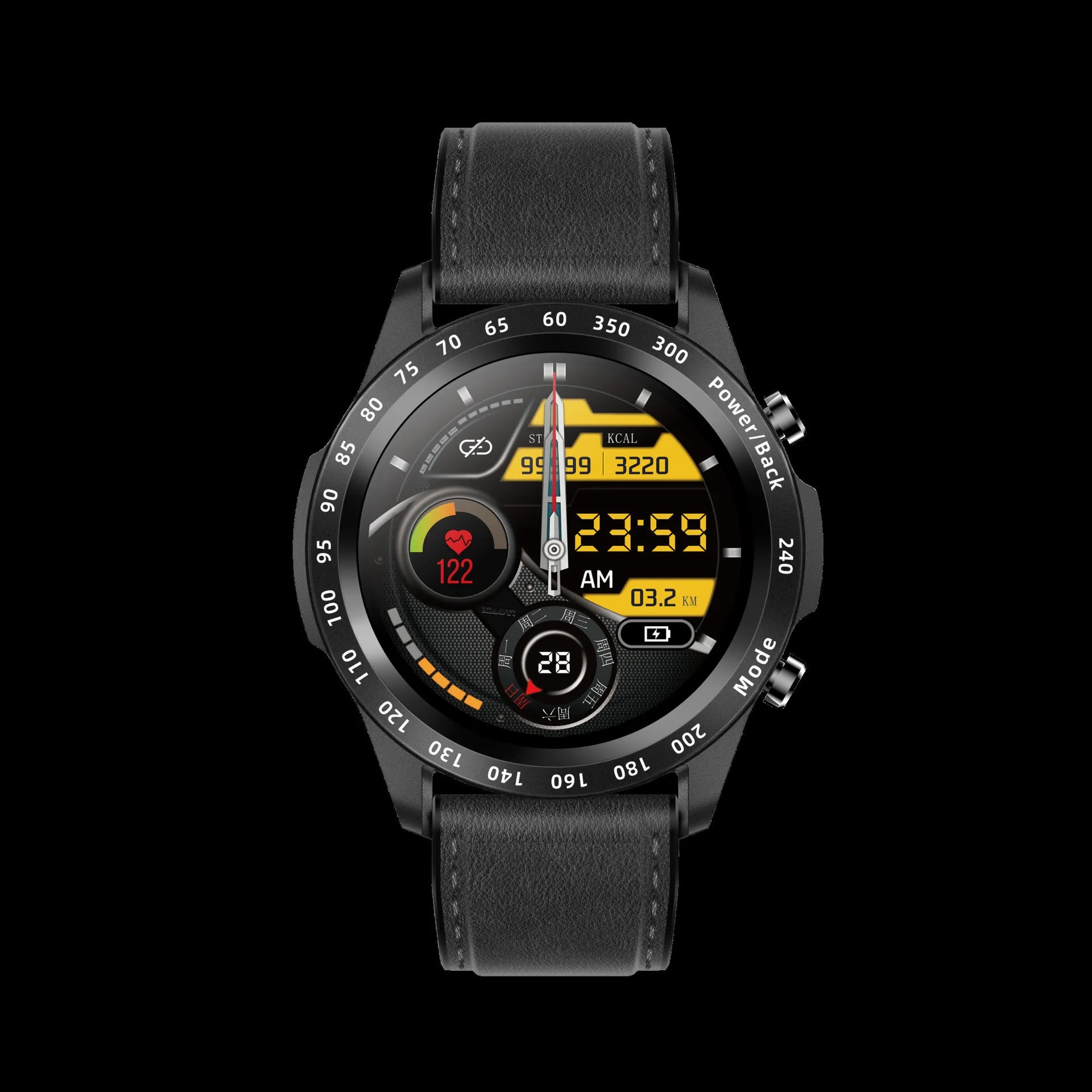 Black Bluetooth smart watch with heart rate monitoring on leather strap showing 1.3 inch touch screen display