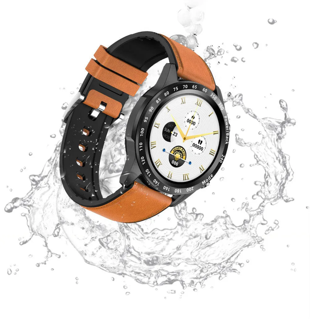 Black Bluetooth smart watch with heart rate monitoring on leather strap showing 1.3 inch touch screen display