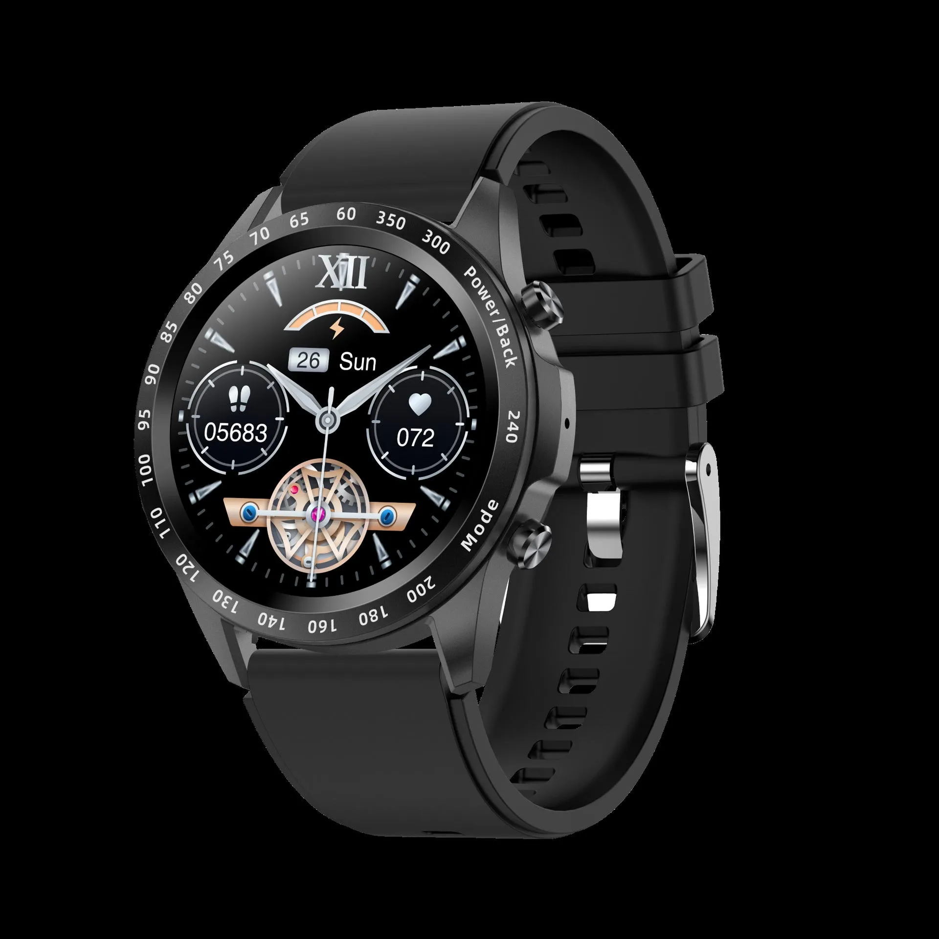 Black Bluetooth smart watch with heart rate monitoring on leather strap showing 1.3 inch touch screen display