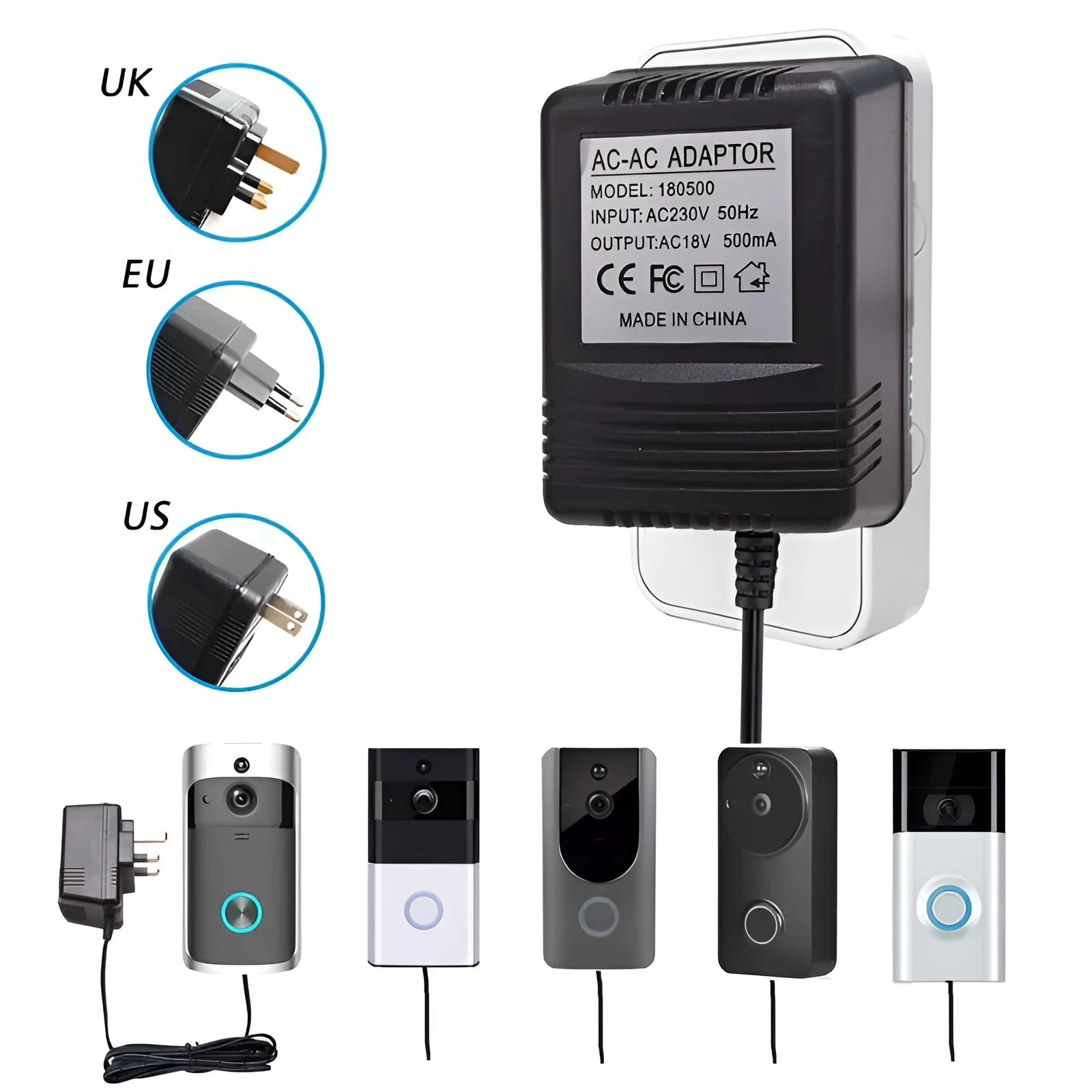 External power adapter for video doorbell AC18V 500MA with UK plug and overload protection