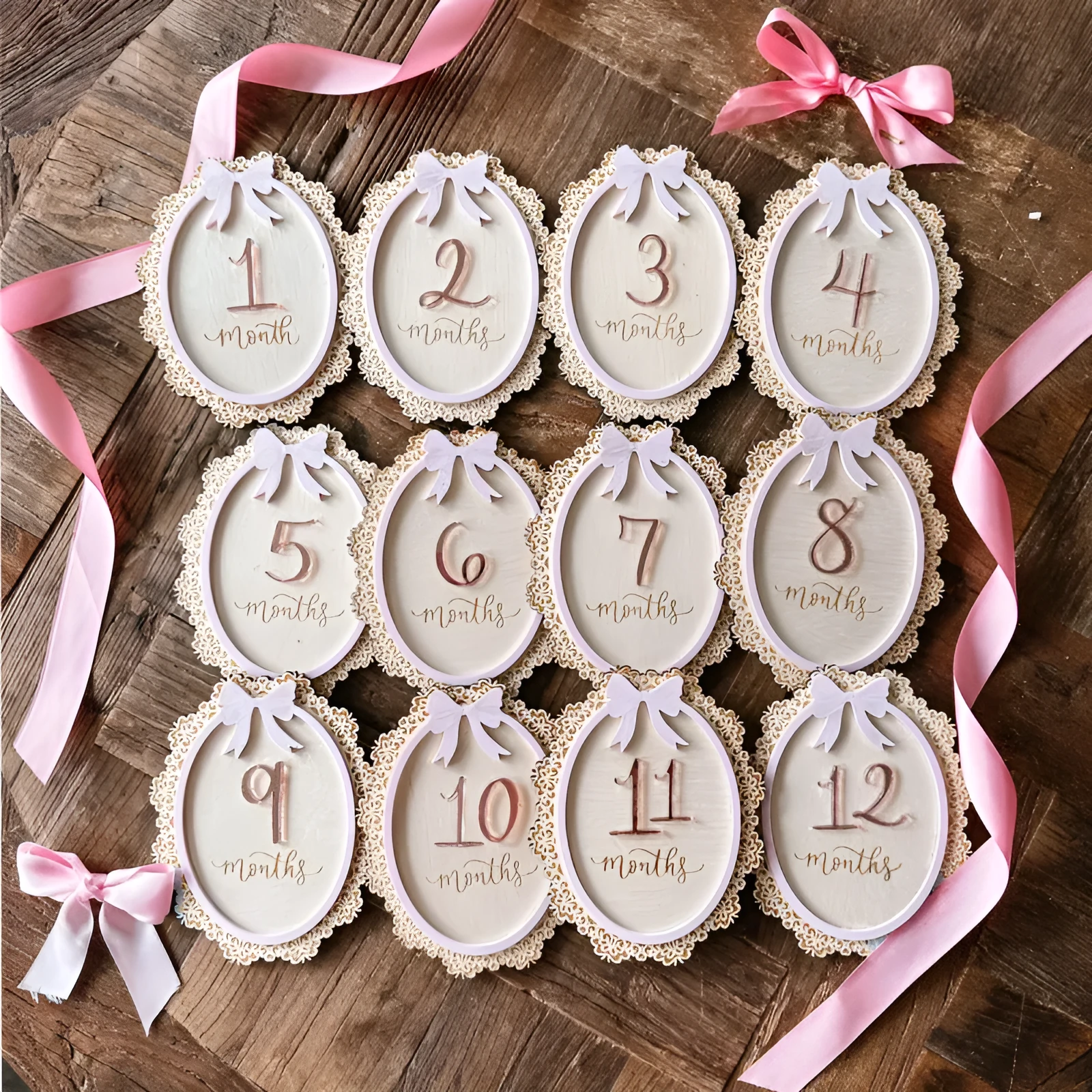 Carved boxwood lace frame bow baby milestone card with ten number stickers on a white background