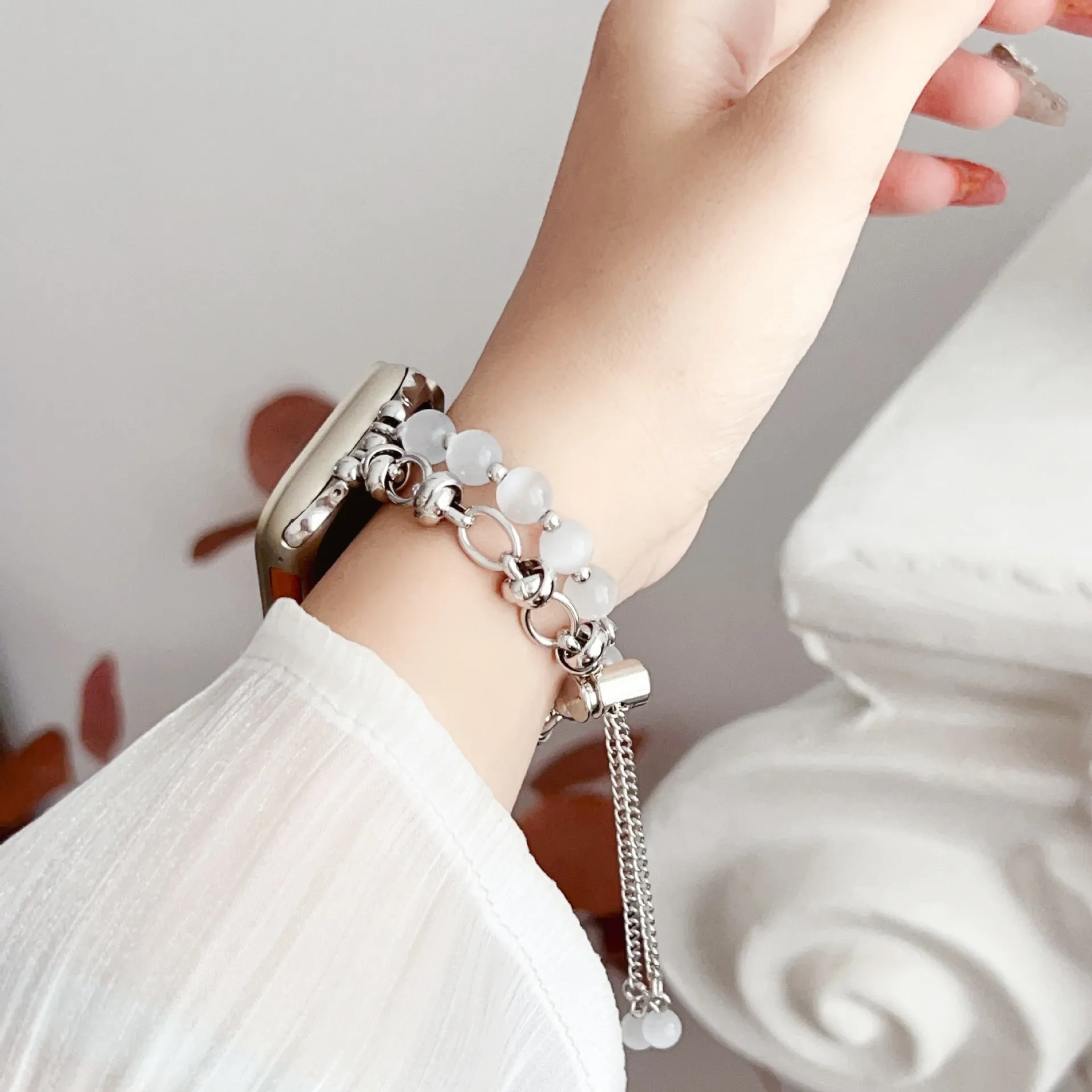 Silver bead watch wristband strap with buckle on white background for 38-49mm cases