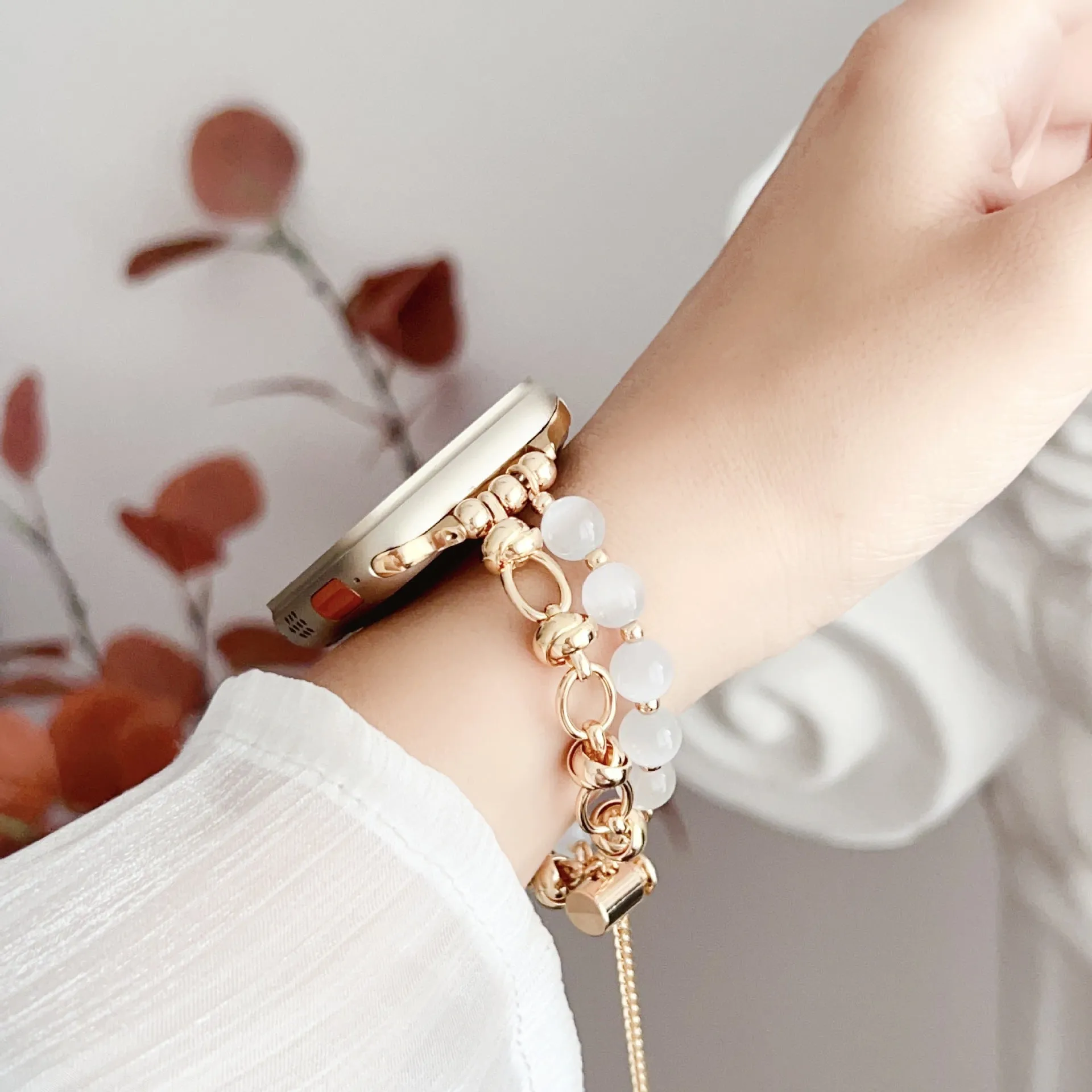 Silver bead watch wristband strap with buckle on white background for 38-49mm cases