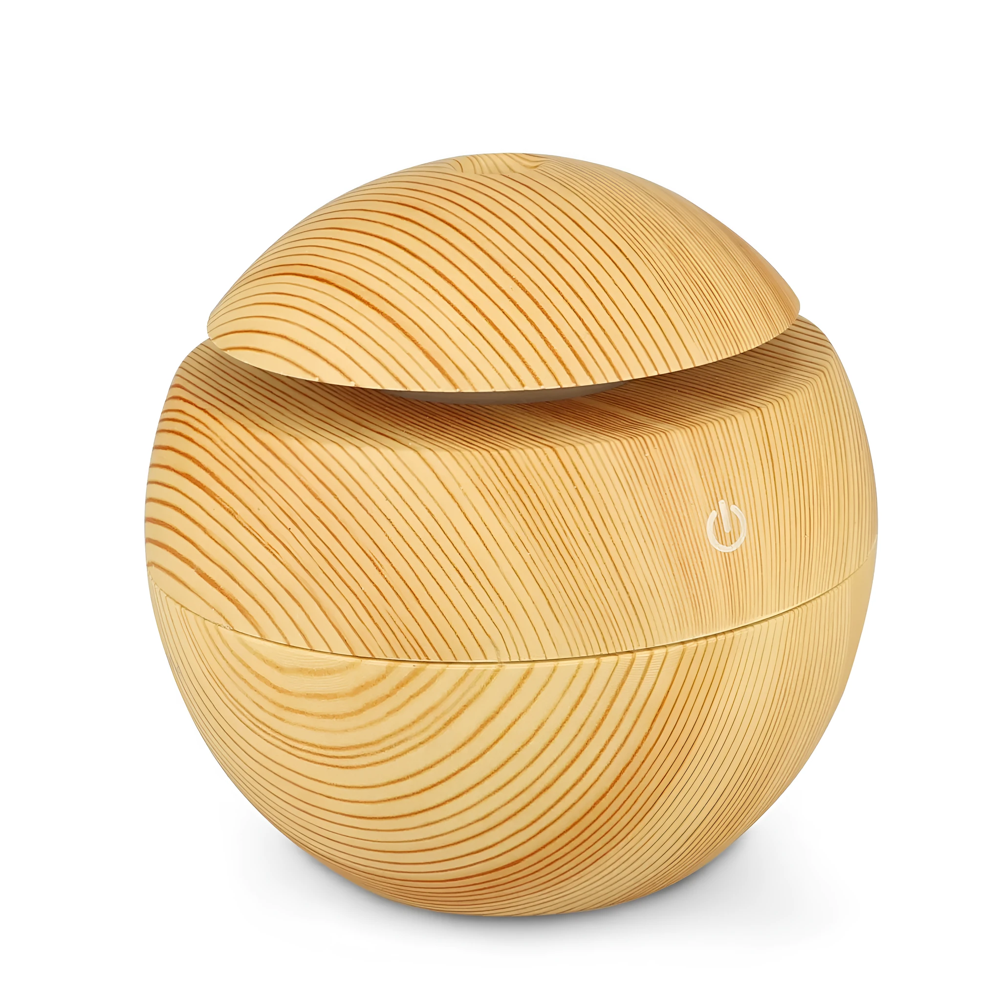 Mini USB aroma diffuser humidifier with wood grain finish, one fog outlet, and mechanical controls on a white background