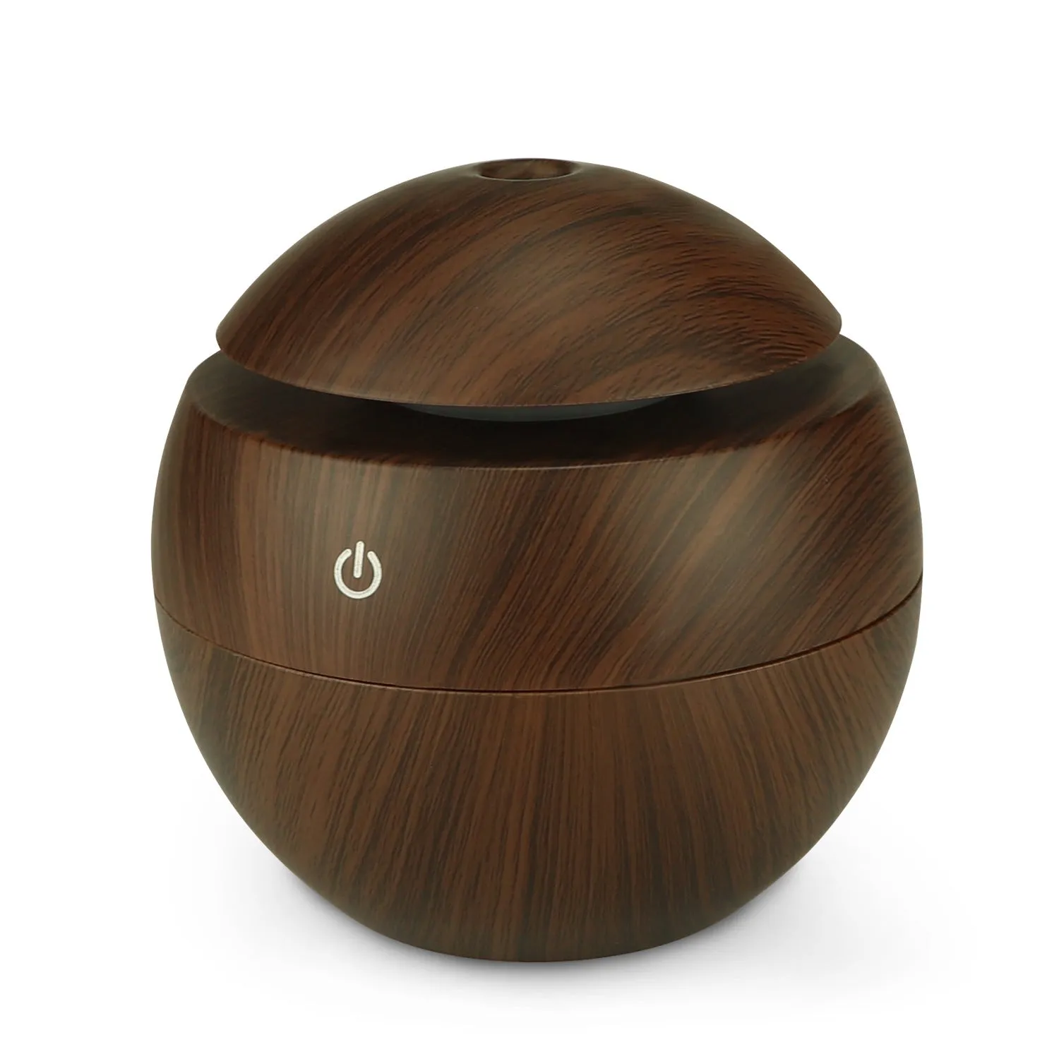 Mini USB aroma diffuser humidifier with wood grain finish, one fog outlet, and mechanical controls on a white background