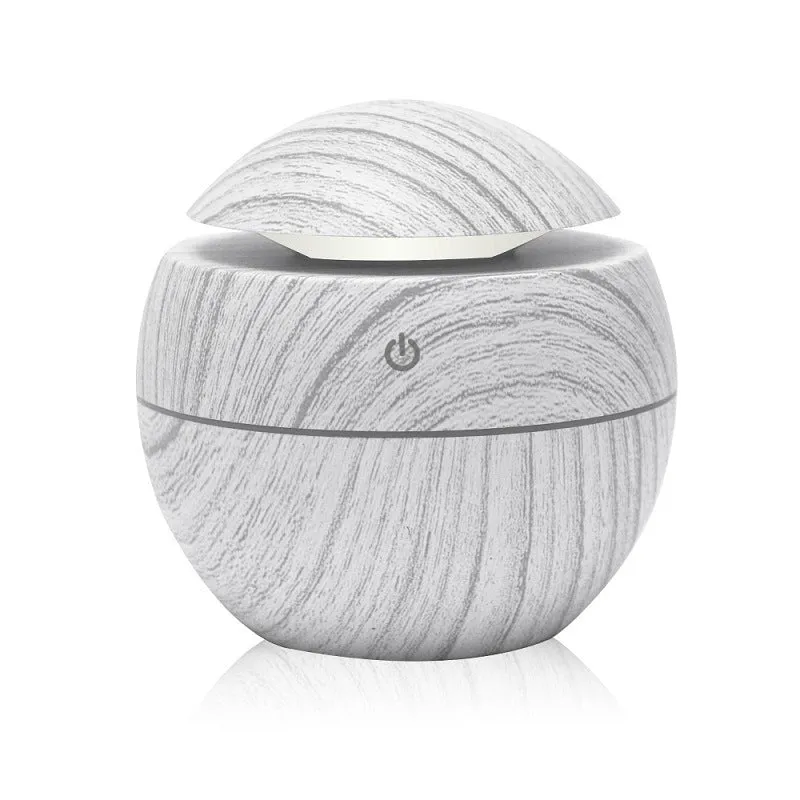 Mini USB aroma diffuser humidifier with wood grain finish, one fog outlet, and mechanical controls on a white background
