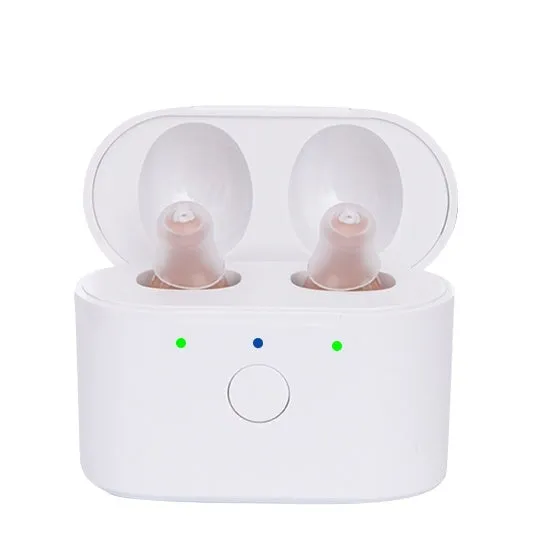 Rechargeable hearing aids with magnetic charging case in beige or red and blue colour options