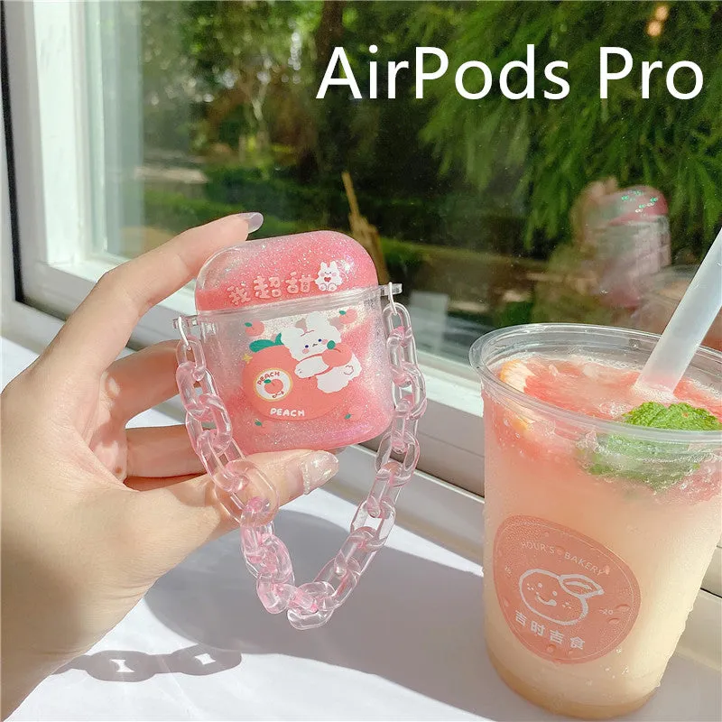 Pink acrylic quicksand bracelet earphone case with animal cartoon design and chain for AirPods