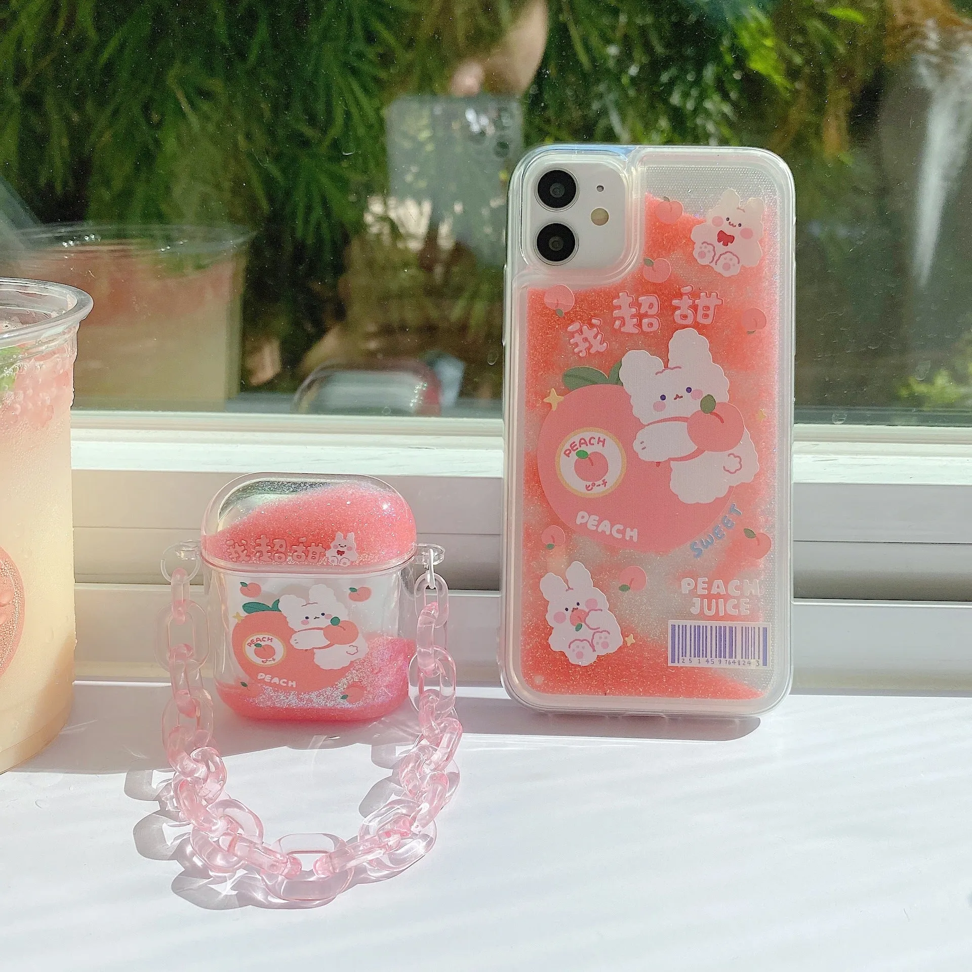 Pink acrylic quicksand bracelet earphone case with animal cartoon design and chain for AirPods