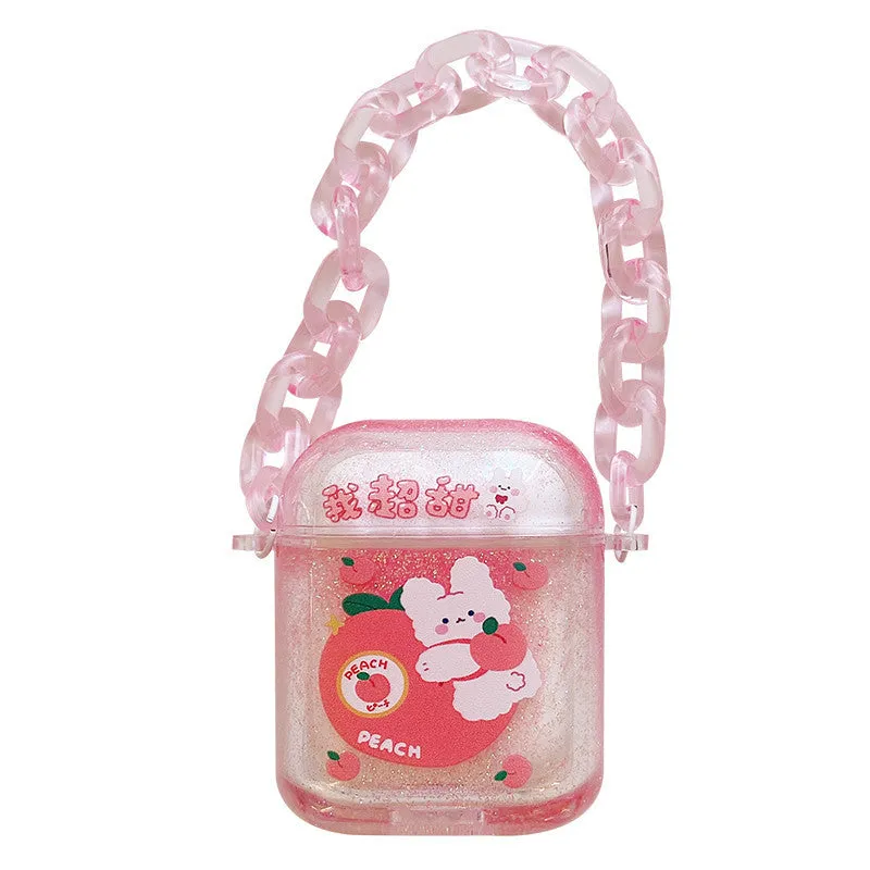 Pink acrylic quicksand bracelet earphone case with animal cartoon design and chain for AirPods