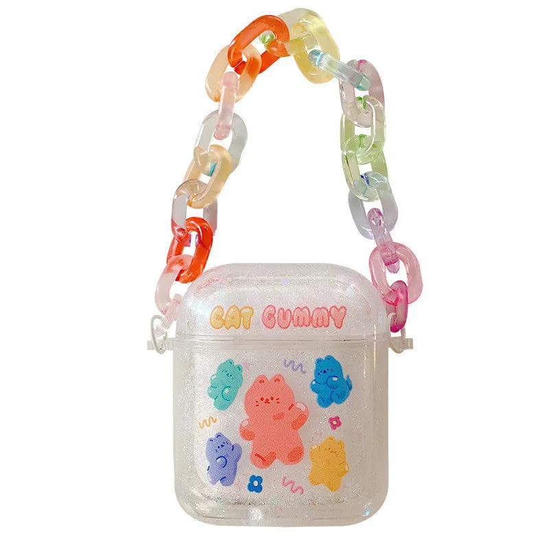 Pink acrylic quicksand bracelet earphone case with animal cartoon design and chain for AirPods