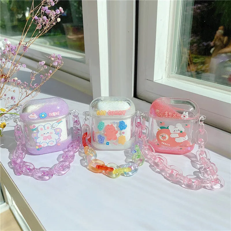 Pink acrylic quicksand bracelet earphone case with animal cartoon design and chain for AirPods