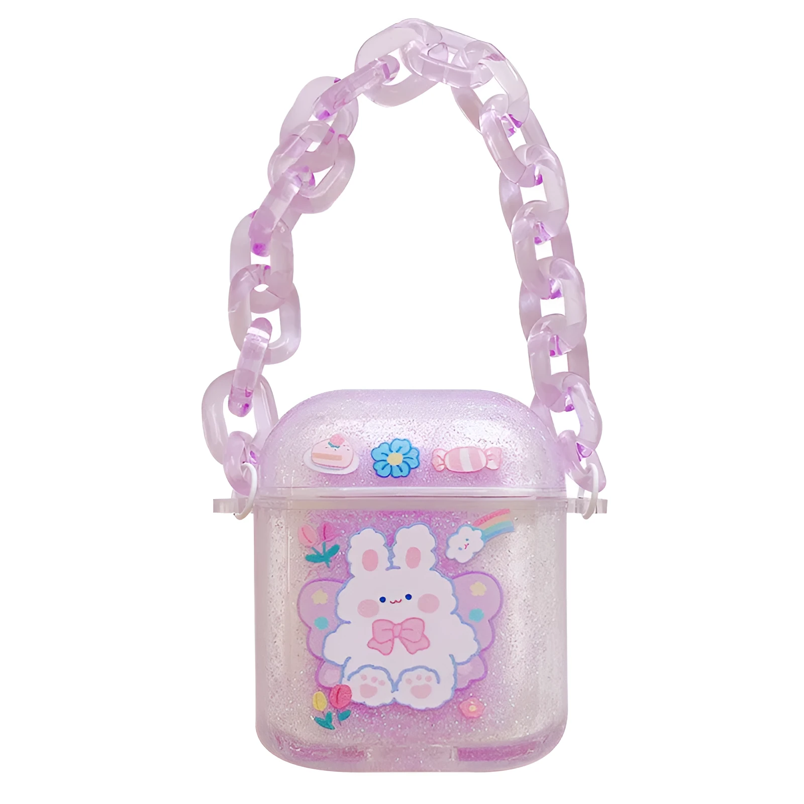 Pink acrylic quicksand bracelet earphone case with animal cartoon design and chain for AirPods