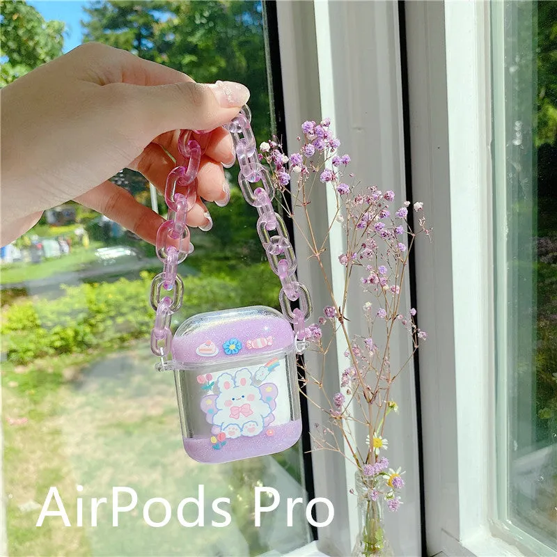Pink acrylic quicksand bracelet earphone case with animal cartoon design and chain for AirPods