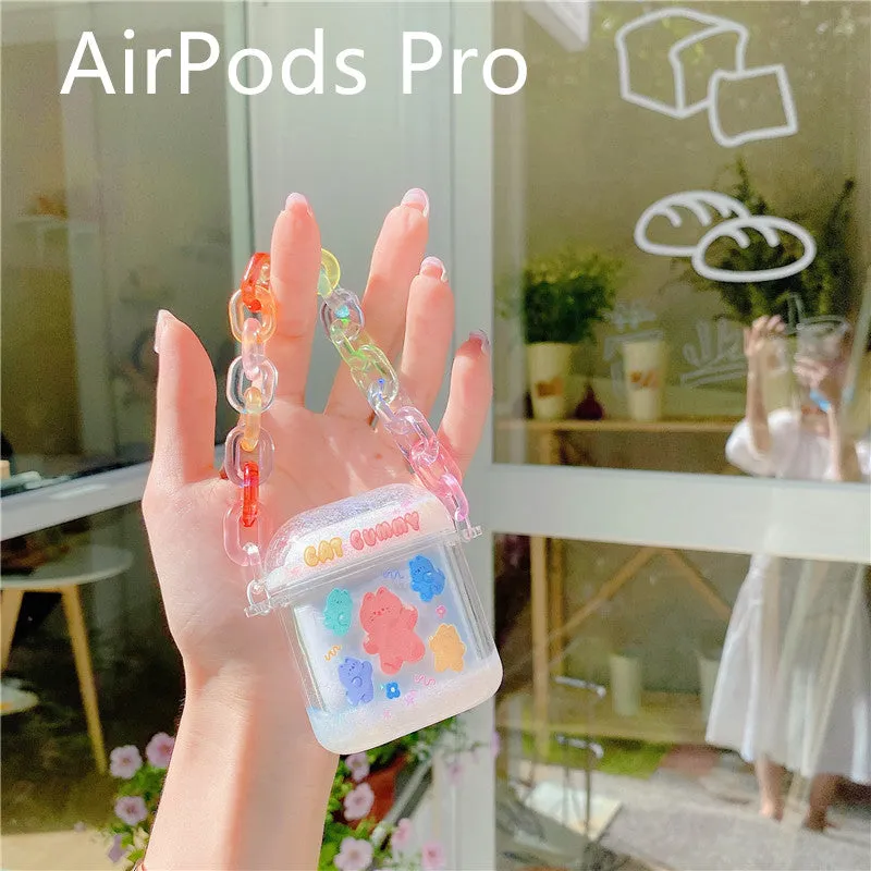 Pink acrylic quicksand bracelet earphone case with animal cartoon design and chain for AirPods