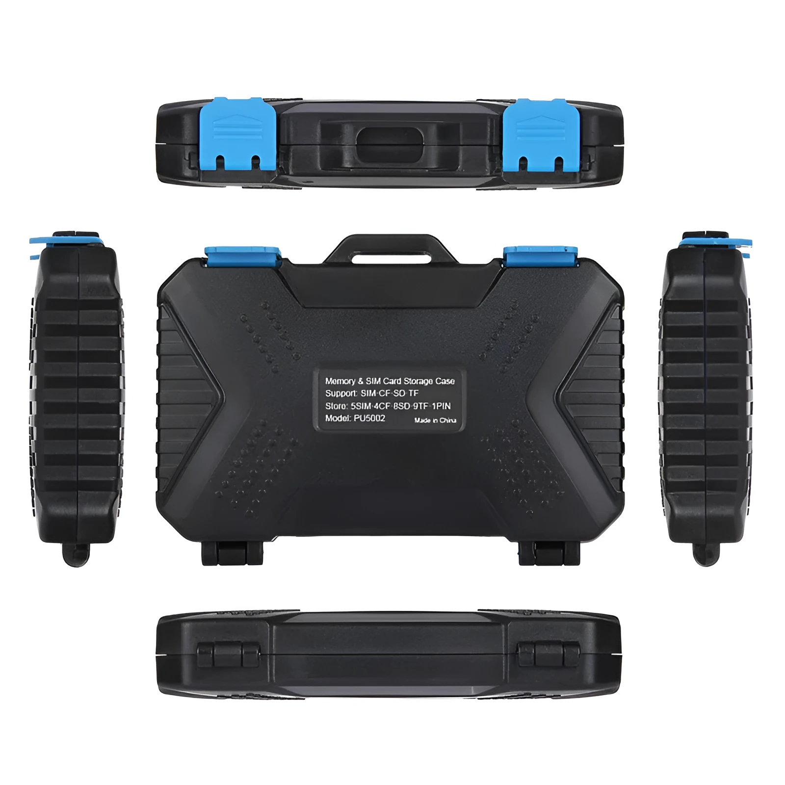 Black waterproof memory card case with ABS polycarbonate body and blue TPV seal, holding multiple cards