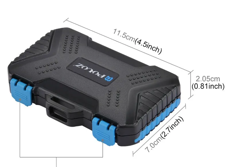 Black waterproof memory card case with ABS polycarbonate body and blue TPV seal, holding multiple cards
