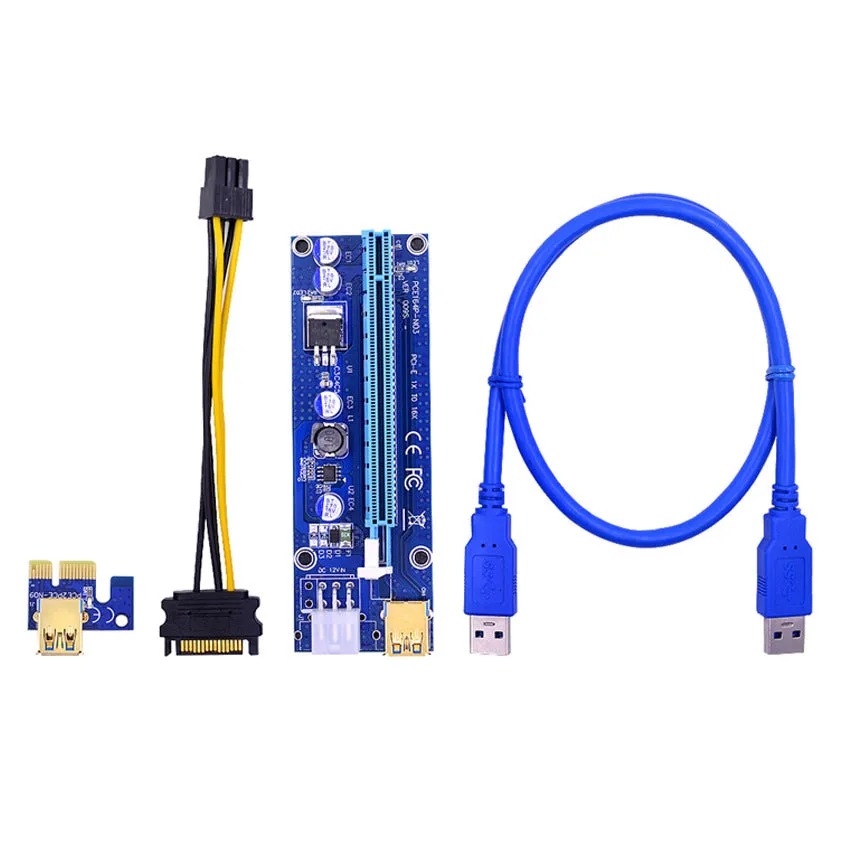 PCI-E 1X to 16X extension cord adapter with 60cm cable, gold-plated USB 3.0 interface, and blue LED indicator
